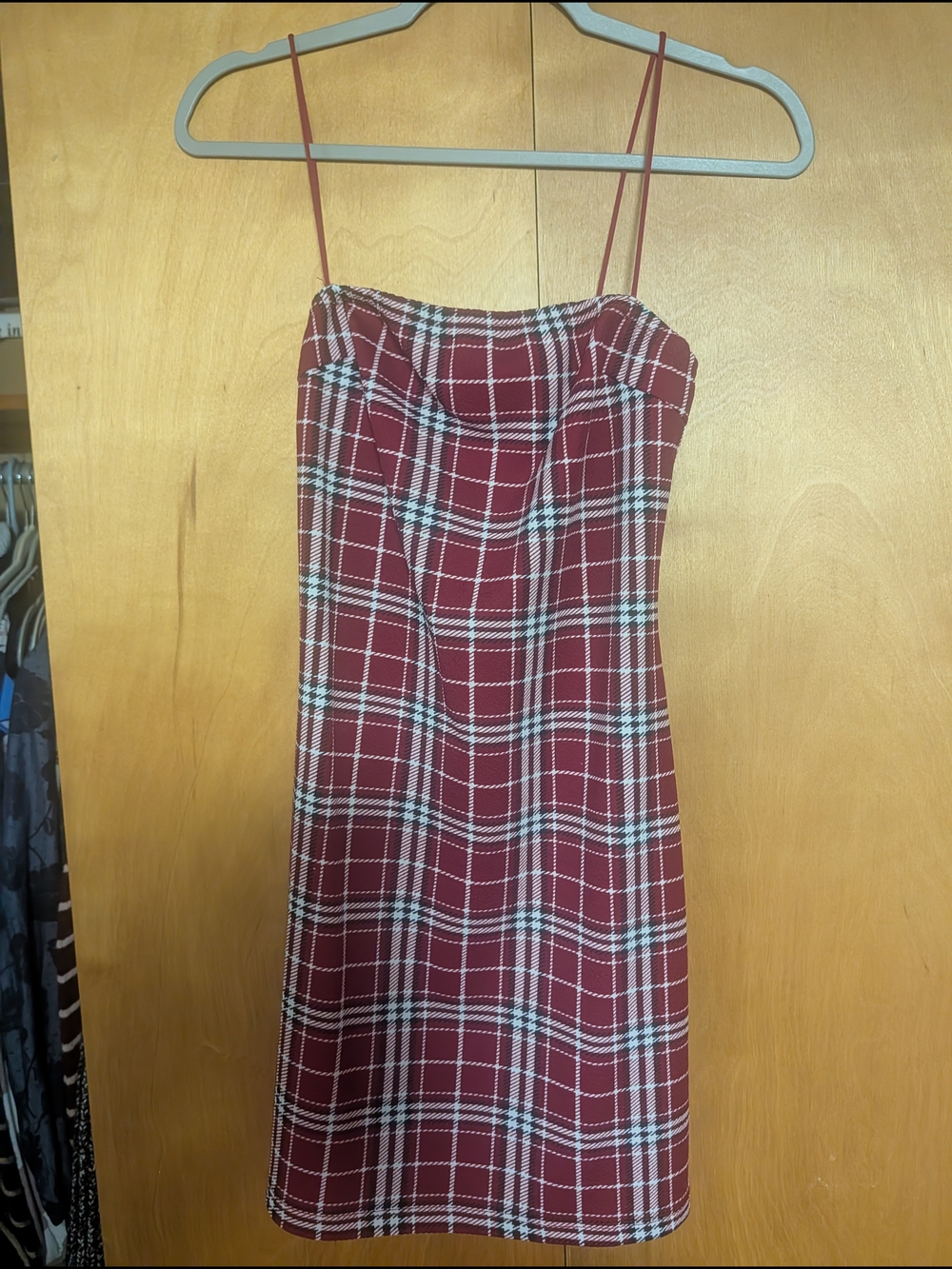 SHEIN Burgundy Plaid Mini Slip Dress with Spaghetti Straps
